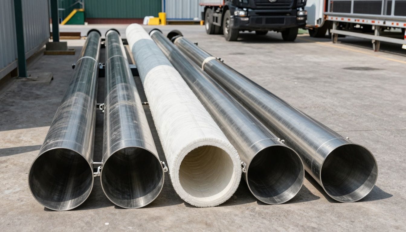 Stainless steel drainage channels side-by-side with fiberglass (FRP) drainage channels, showing real-world installation in a commercial setting