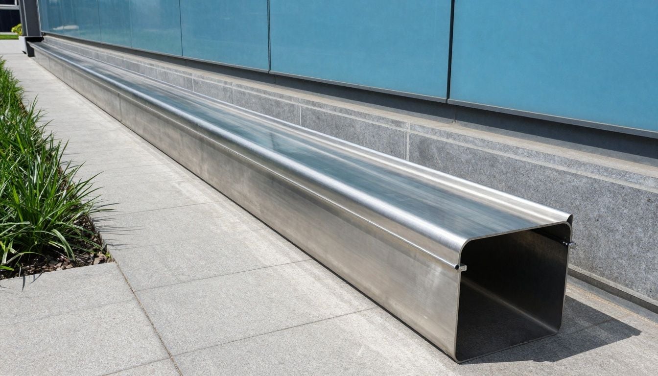 Stainless steel drainage channel beside aluminium channel in an architectural setting