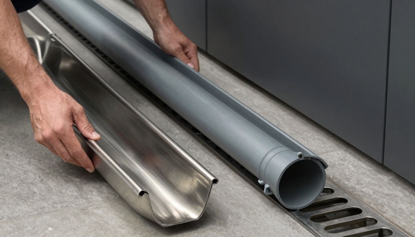 A high resolution image showing a Stainless Steel drainage channel next to a Plastic (HDPE/Polypropylene) drainage channel, both set in a modern architectural setting, with natural light highlighting their surfaces.