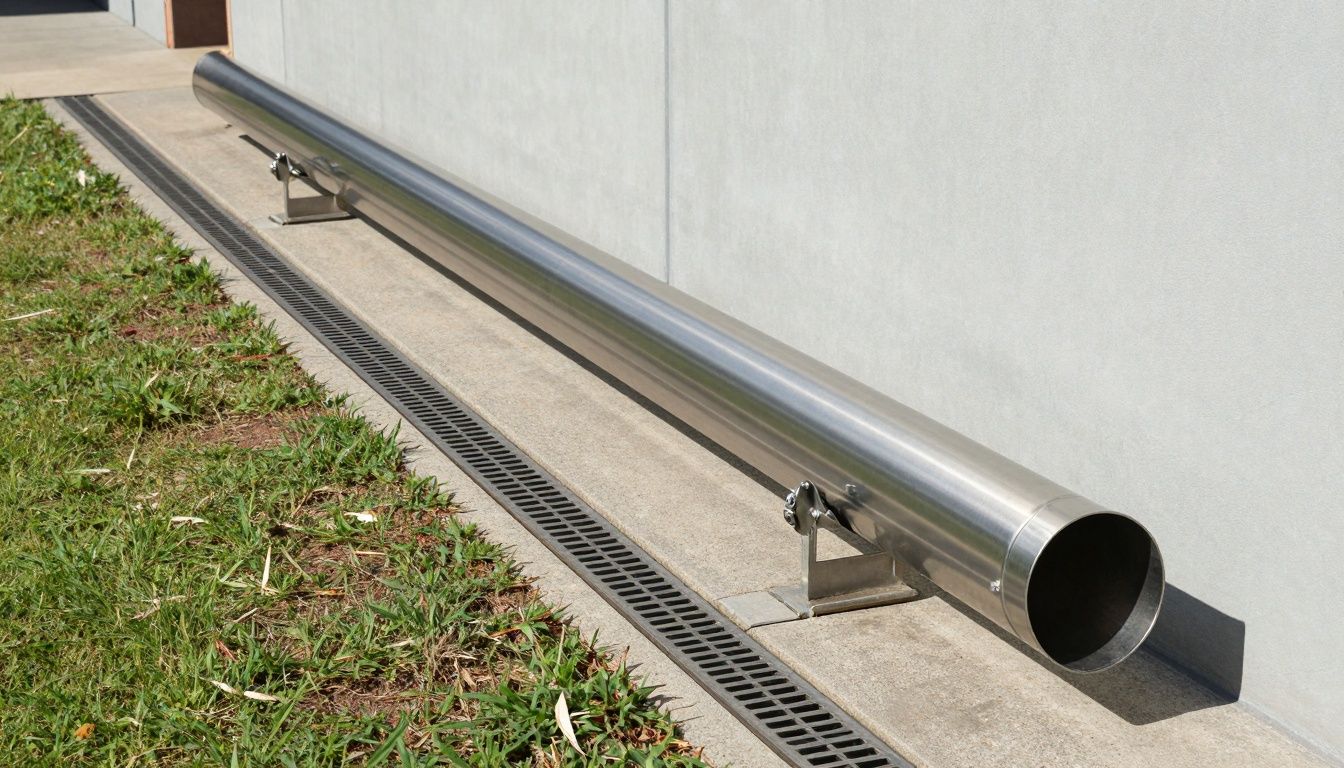 A modern, high-precision stainless steel drainage channel installed alongside a polymer concrete drainage channel in an outdoor Australian setting
