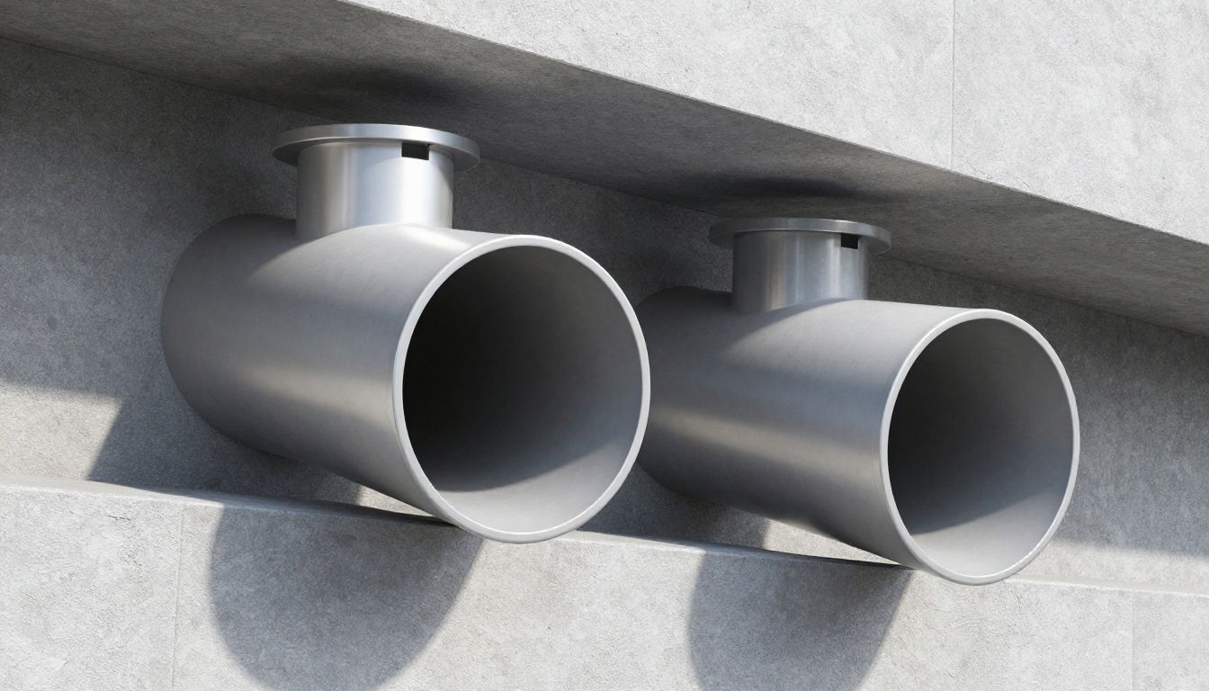 Sleek aluminium and robust polymer concrete drainage channels side-by-side in a modern architectural setting
